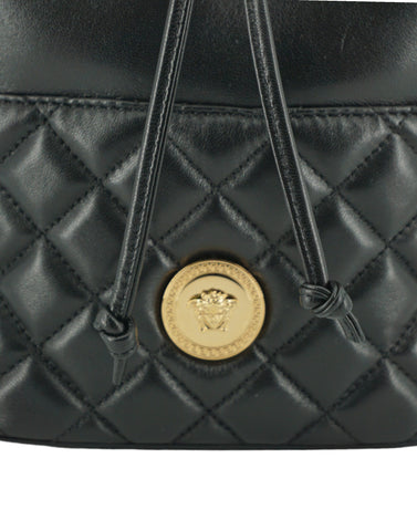 Versace Elegant Black Leather Bucket Shoulder Bag