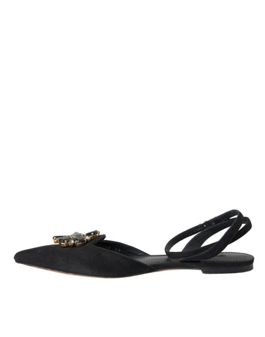 Dolce & Gabbana Black Leather Crystal Slingback Sandals Shoes