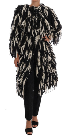 Dolce & Gabbana Black and White Fringed Wool Coat Jacket