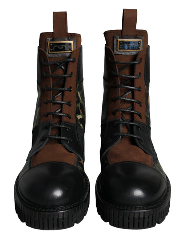 Dolce & Gabbana Brown Suede Camouflage Leather Combat Boots Shoes