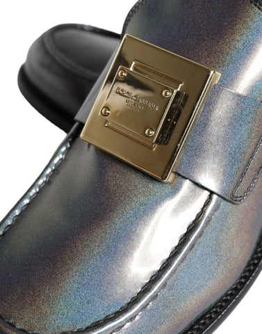 Dolce & Gabbana Silver Leather Logo Plaque Slip On Men Loafers Shoes