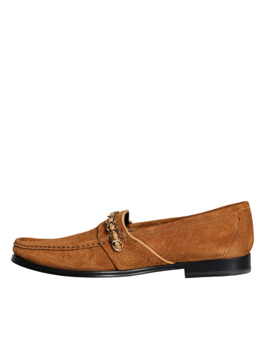 Dolce & Gabbana Brown Velvet Leather Logo Mocassin Slip On Shoes