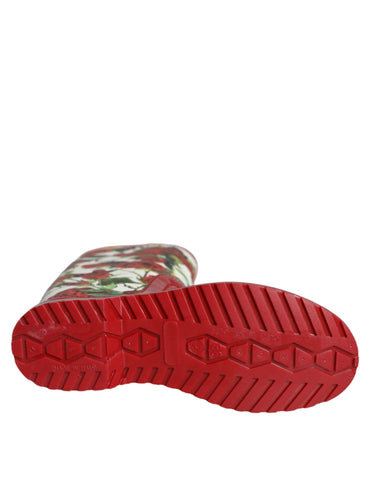 Dolce & Gabbana Red Floral Rubber Knee High Flat Boots Shoes