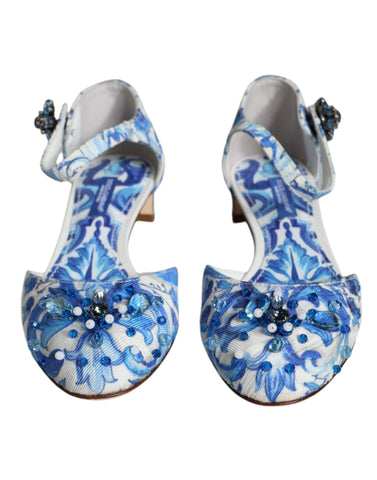Dolce & Gabbana White Blue Majolica Print Ankle Strap Sandals Shoes