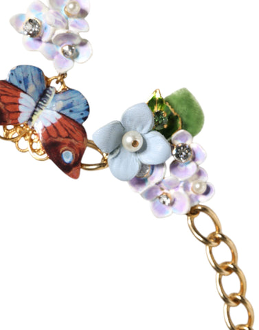 Dolce & Gabbana Multicolor Floral Decor Crystal Gold Brass Chain Necklace