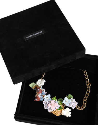 Dolce & Gabbana Multicolor Floral Decor Crystal Gold Brass Chain Necklace
