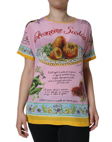 Dolce & Gabbana Pink Silk Araneine Siciliana Print Short Sleeves Top
