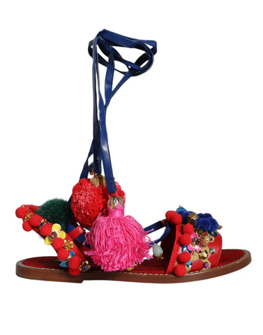 Dolce & Gabbana Multicolor Pom Pom Fur Wrap Sandals Shoes