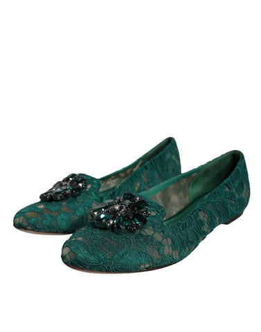 Dolce & Gabbana Green Lace Crystal Ballet Flats Loafers Shoes