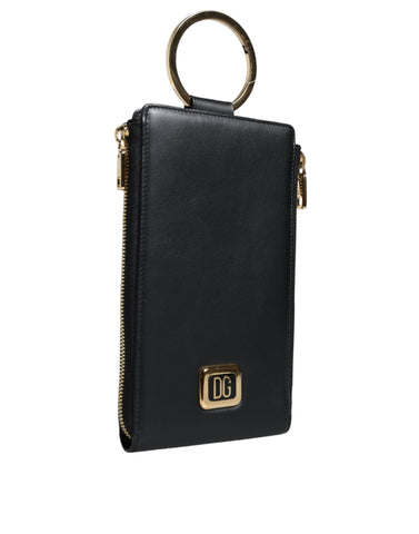 Dolce & Gabbana Black Leather Logo Plaque Neck Strap Card Coin Wallet
