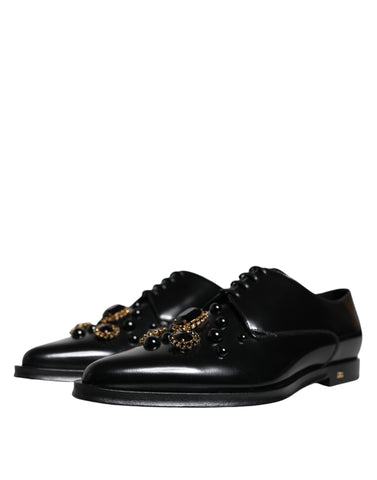 Dolce & Gabbana Black Leather Crystal Lace Up Formal Shoes