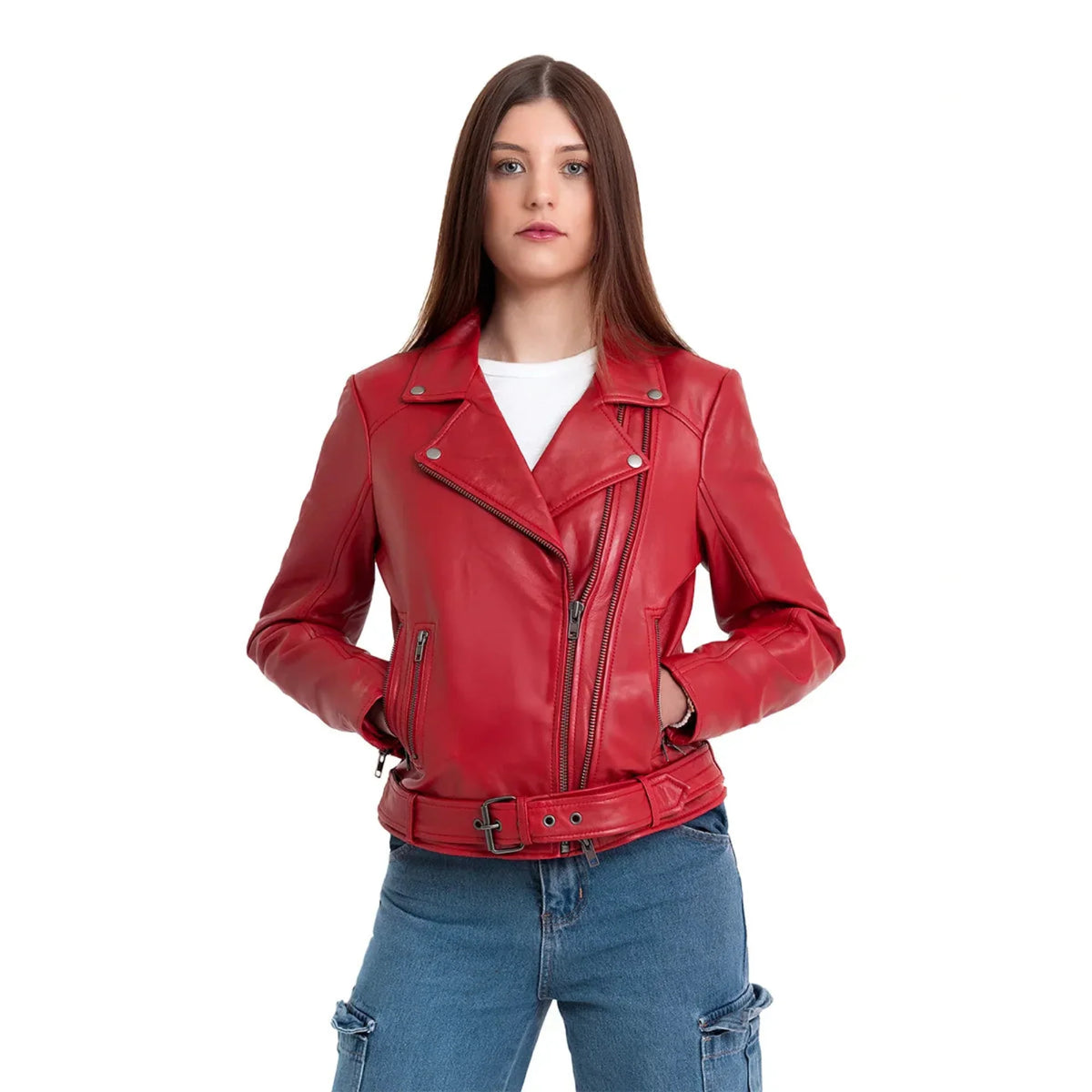 Adeline Women's Double Asymmetrical Zipper Leather Jacket