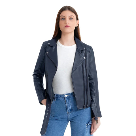 Adeline Women's Double Asymmetrical Zipper Leather Jacket