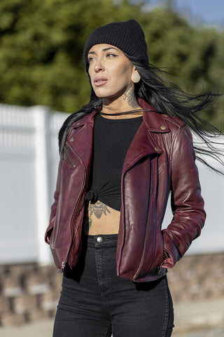 Harper Womens Moto Leather Jacket (Sangria)