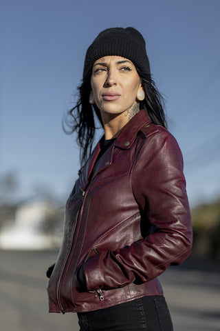 Harper Womens Moto Leather Jacket (Oxblood)
