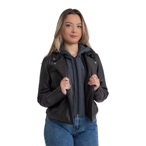 Camilla Women's Asymmetric Zipper Leather Jacket with Hoodie