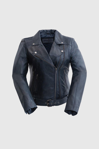 Chloe womens Fashion Leather Jacket Navy Blue