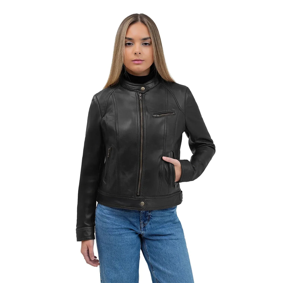 Sara Women's Single Snap Collar Leather Jacket