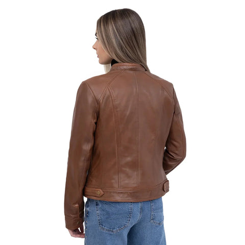 Sara Women's Single Snap Collar Leather Jacket