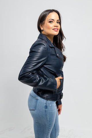 Chloe womens Fashion Leather Jacket Navy Blue
