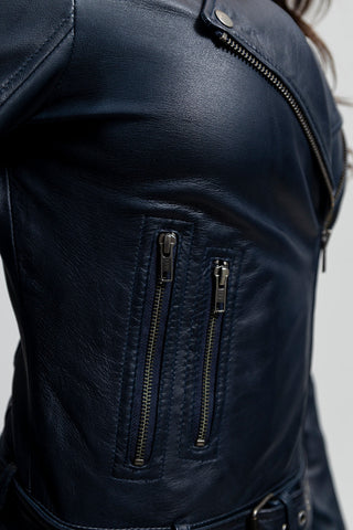 Chloe womens Fashion Leather Jacket Navy Blue
